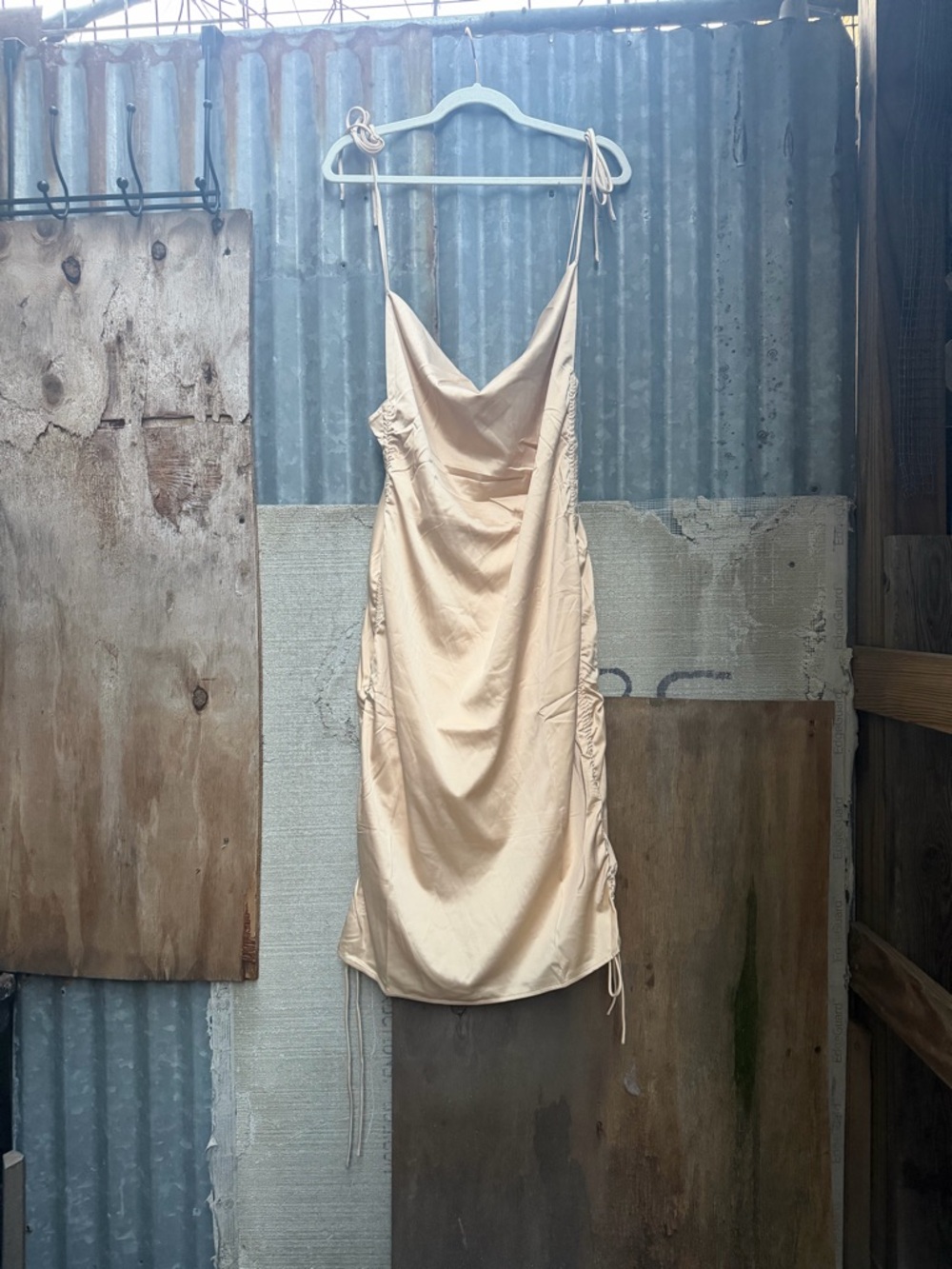 Champagne Satin Mini Slip Dress with Cowl Neck